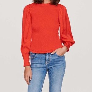 Maje Limine Smocked Satin Jacquard Top 1 S Red Tonal Animal Print Balloon Sleeve